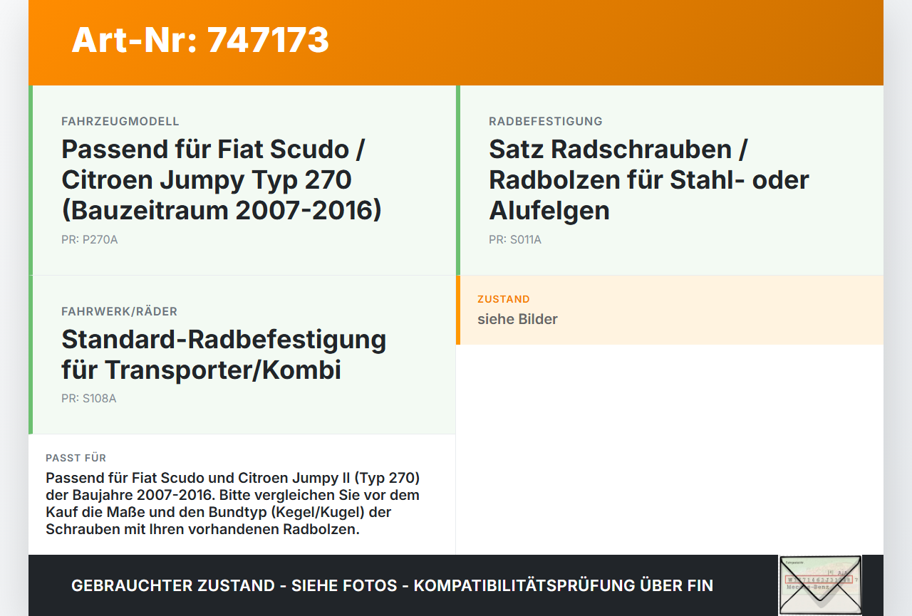 Fiat Scudo Jumpy II 270 07-16 Satz Radschrauben Schraube Radbolzen Fiat Scudo Jumpy II 270 07-16 24.04.2007 gebraucht Vorschau 3