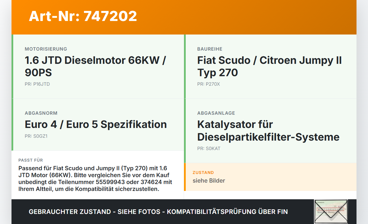 Fiat Scudo Jumpy II 270 07-16 JTD 1,6 66KW Katalysator Kat Fiat Scudo Jumpy II 270 07-16 24.04.2007 - gebraucht Vorschau 3