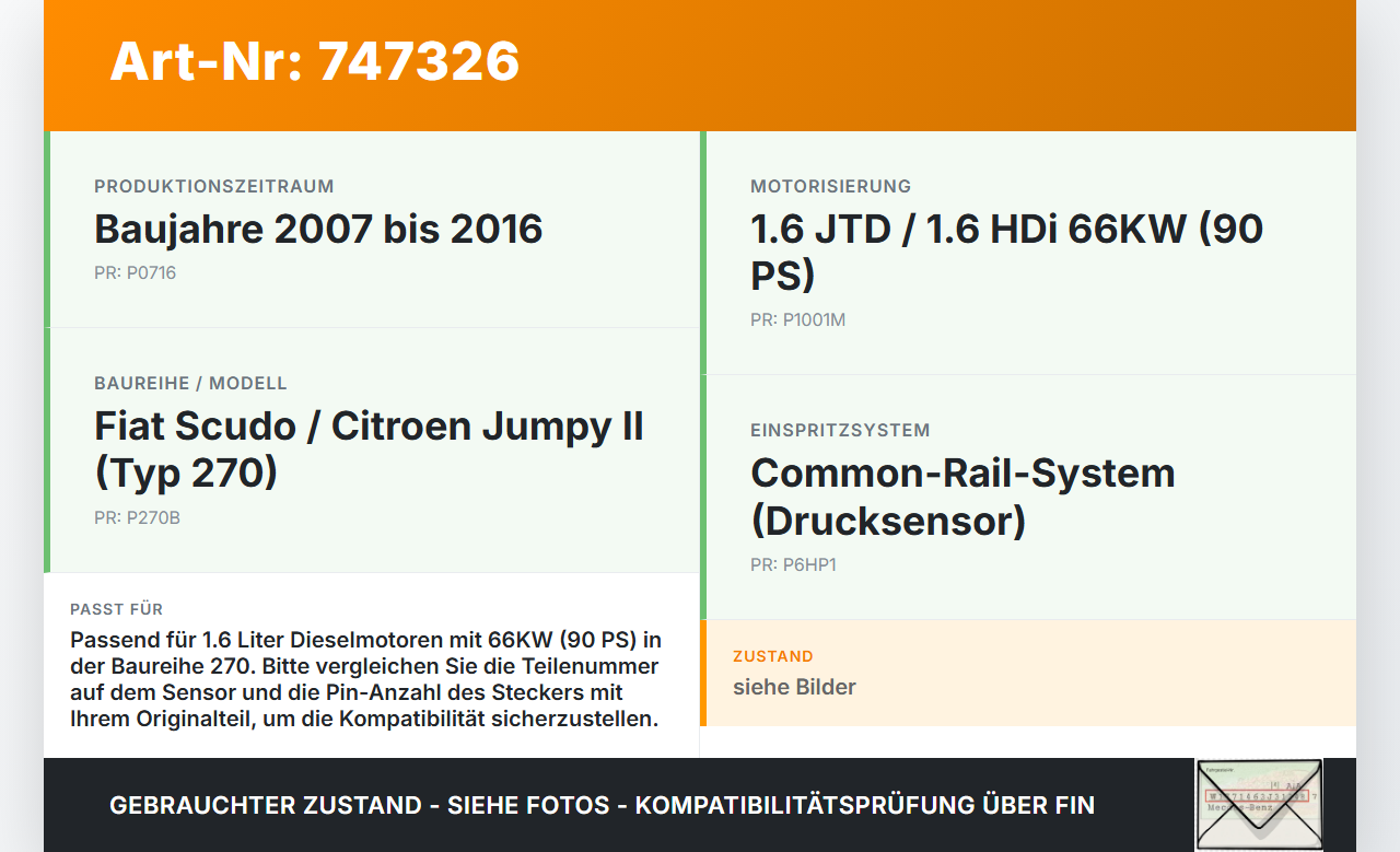 Fiat Scudo Jumpy II 270 07-16 JTD 1,6 66KW Railsensor Drucksensor Fiat Scudo Jumpy II 270 07-16 24.04.2007... Vorschau 3