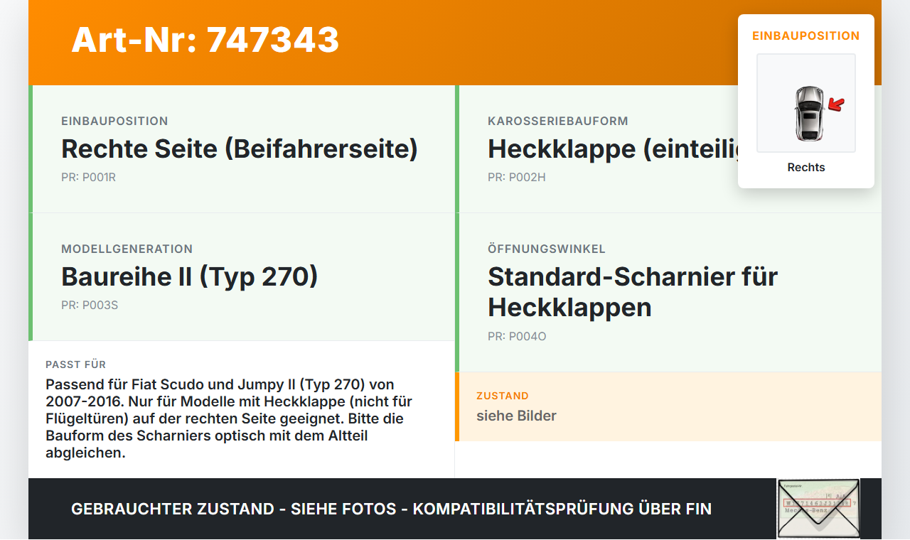 Fiat Scudo Jumpy II 270 07-16 Scharniere Scharnier für Heckklappe Rechts Fiat Scudo Jumpy II 270 07-16 24.04.2007... Vorschau 3