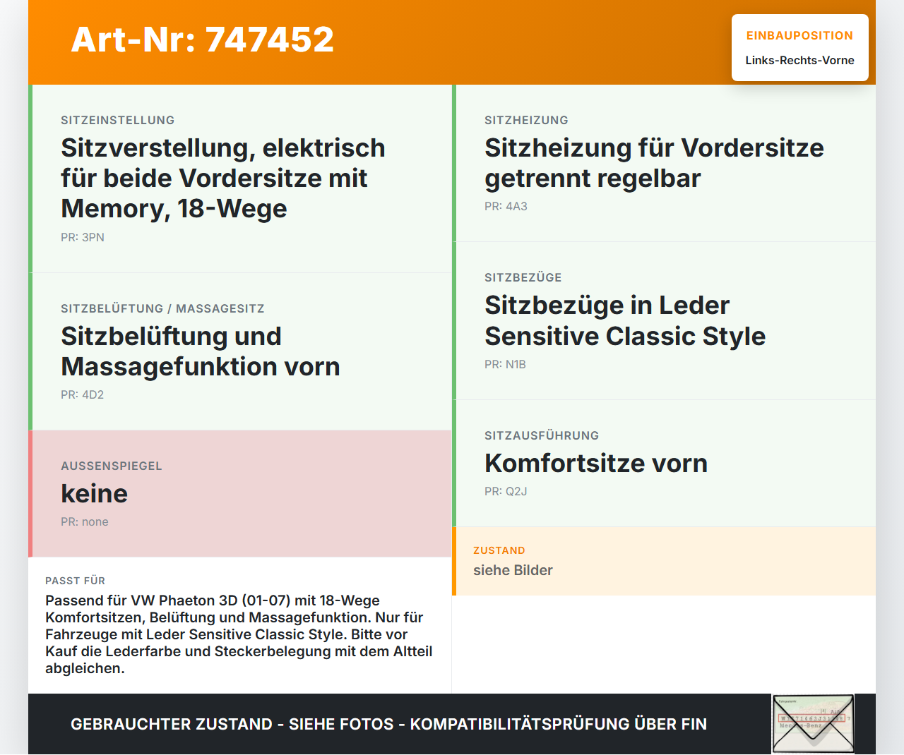 VW Phaeton 3D 01-07 Leder Kopfstütze für Fahrer Sitz Rechts oder Links Vorne VW Phaeton 3D 01-07 28.09.2004 gebraucht Vorschau 3