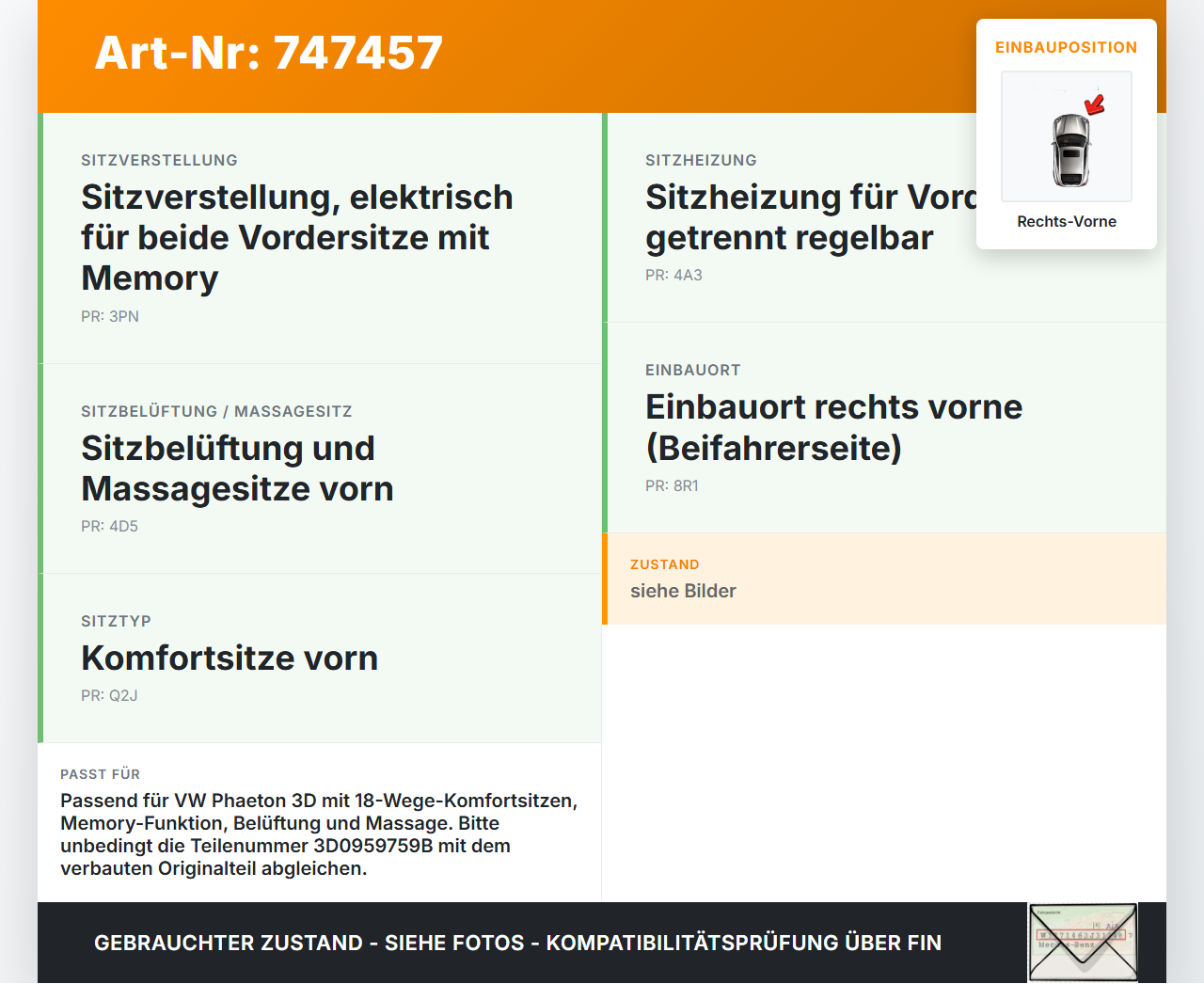 VW Phaeton 3D 01-07 Steuergerät ECU Modul SG Stizsteuergerät Rechts Vorne VW Phaeton 3D 01-07 28.09.2004 3D0959759B... Vorschau 3