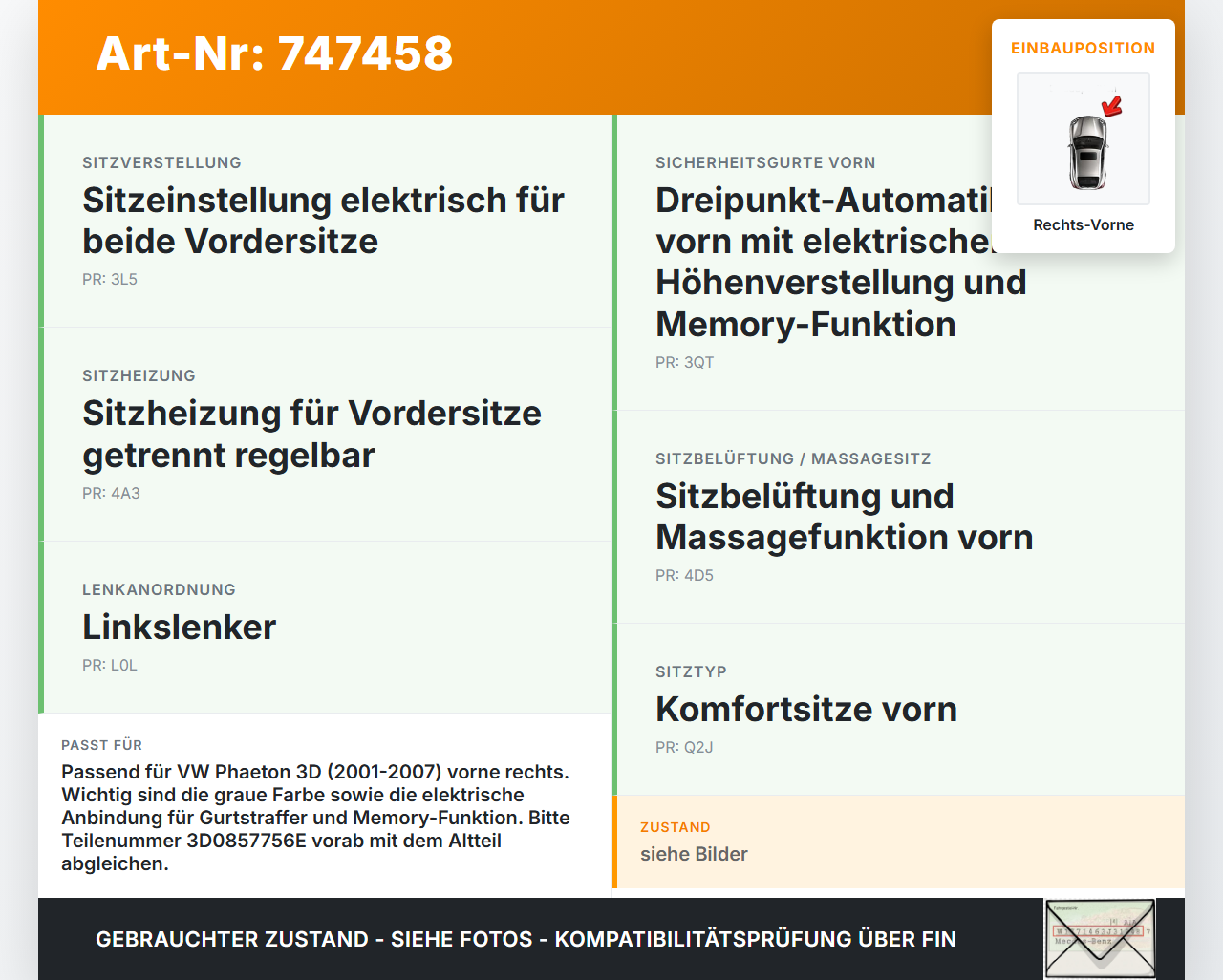 VW Phaeton 3D 01-07 Gurtschloss Rechts Vorne Grau VW Phaeton 3D 01-07 28.09.2004 3D0857756E gebraucht Vorschau 3