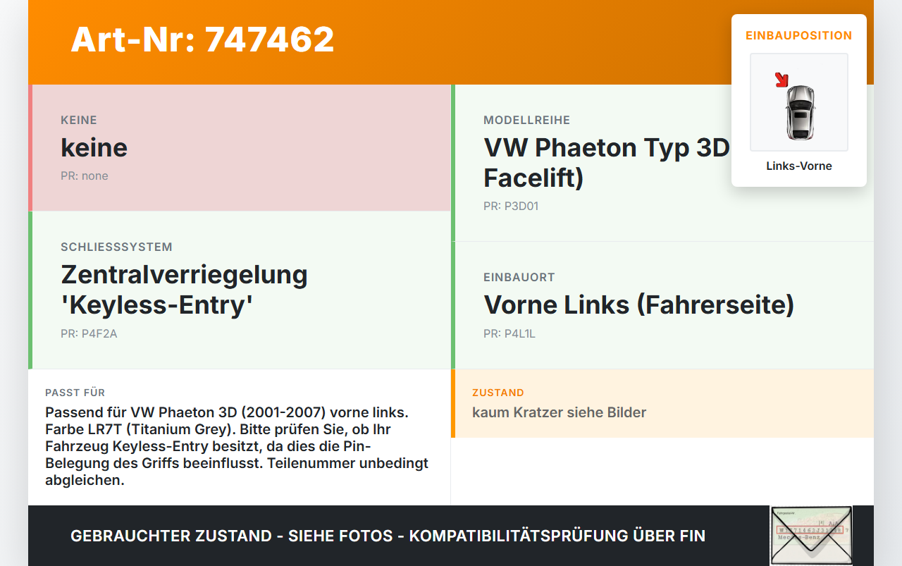 VW Phaeton 3D 01-07 Türgriff Griff aussen Links Vorne LR7T VW Phaeton 3D 01-07 28.09.2004 gebraucht Vorschau 3