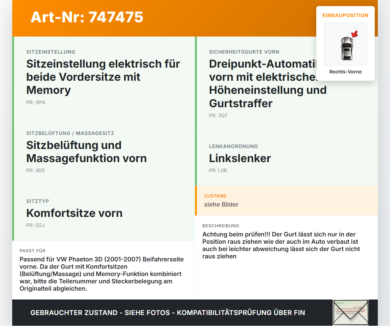 VW Phaeton 3D 01-07 Gurt Sicherheitsgurt Beifahrer Gurtstraffer Rechts Vorne VW Phaeton 3D 01-07 28.09.2004... Vorschau 3