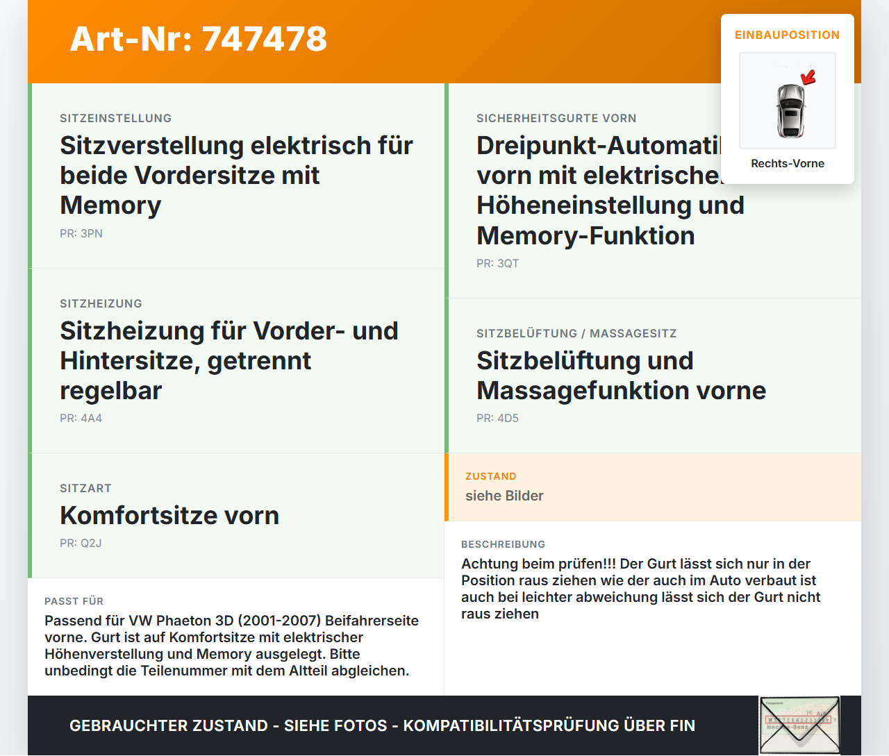 VW Phaeton 3D 01-07 Gurt Sicherheitsgurt Gurtstraffer Beifahrer Rechts Vorne VW Phaeton 3D 01-07 28.09.2004... Vorschau 3