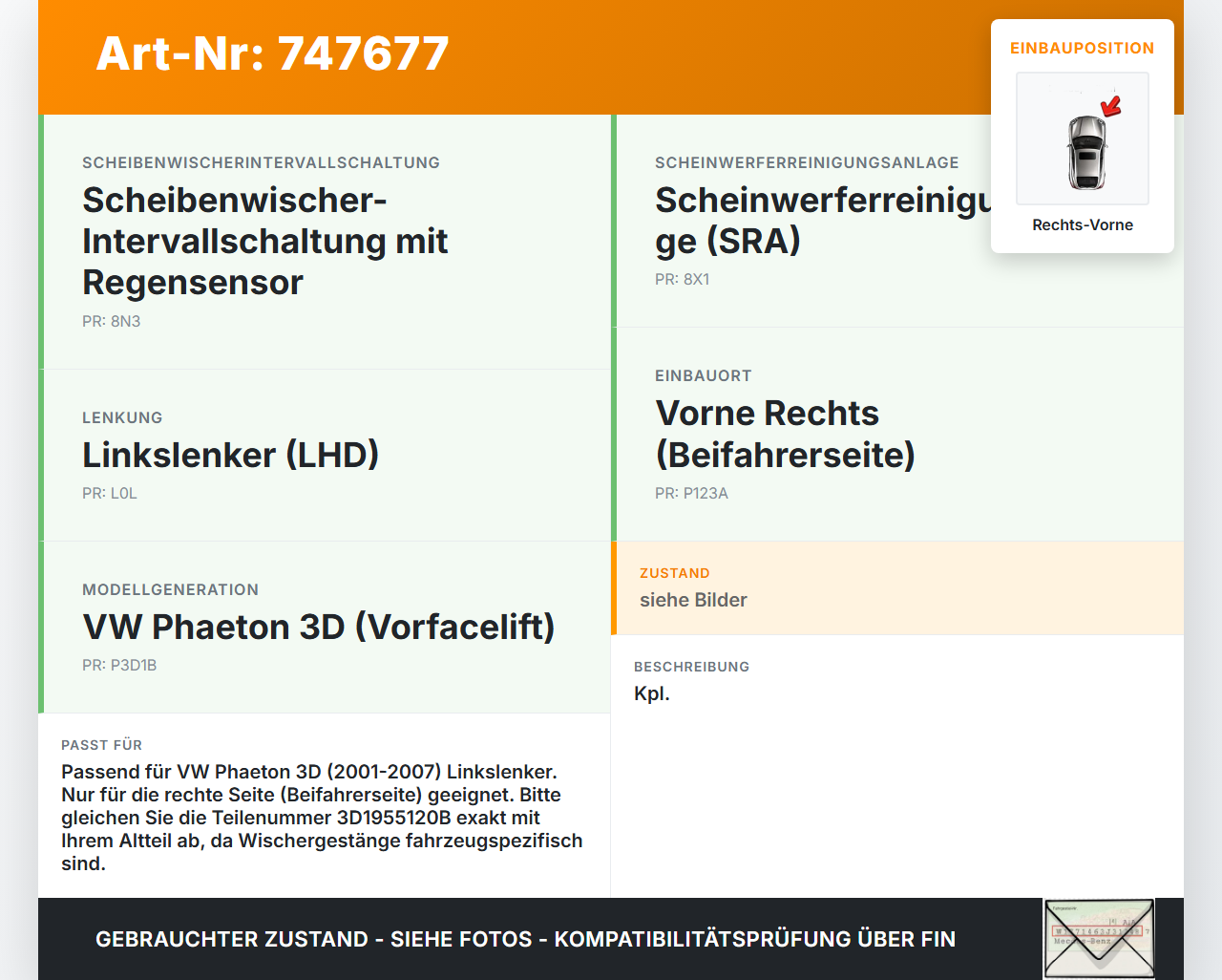 VW Phaeton 3D 01-07 Wischermotor Gestänge Vorne Rechts VW Phaeton 3D 01-07 28.09.2004 3D1955120B 0390241917 gebraucht Vorschau 3