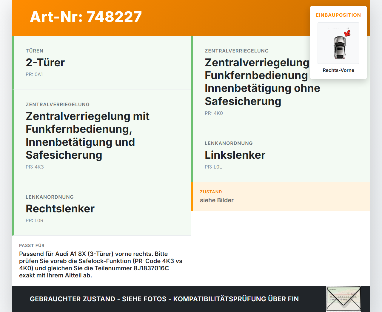 Audi A1 8X 10-14 3T Türschloss m. ZV Stellmotor Rechts Vorne Audi A1 8X 10-14 18.04.2011 8J1837016C 330711-1137... Vorschau 3