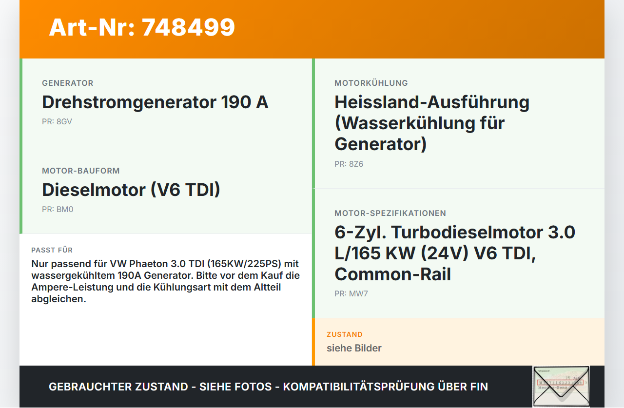 VW Phaeton 3D 01-07 TDI 3,0 165KW Lichtmaschine Generator 190A wassergekühlt VW Phaeton 3D 01-07 28.09.2004... Vorschau 3