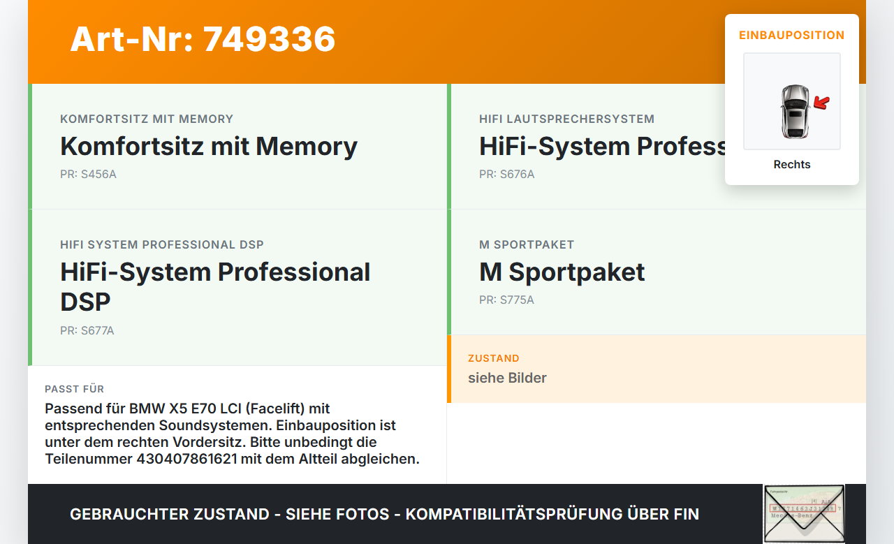 BMW X5 40d E70 10-13 Lautsprecher CDD Subwoofer Rechts BMW X5 40d E70 10-13 10.10.2011 430407861621 gebraucht Vorschau 3