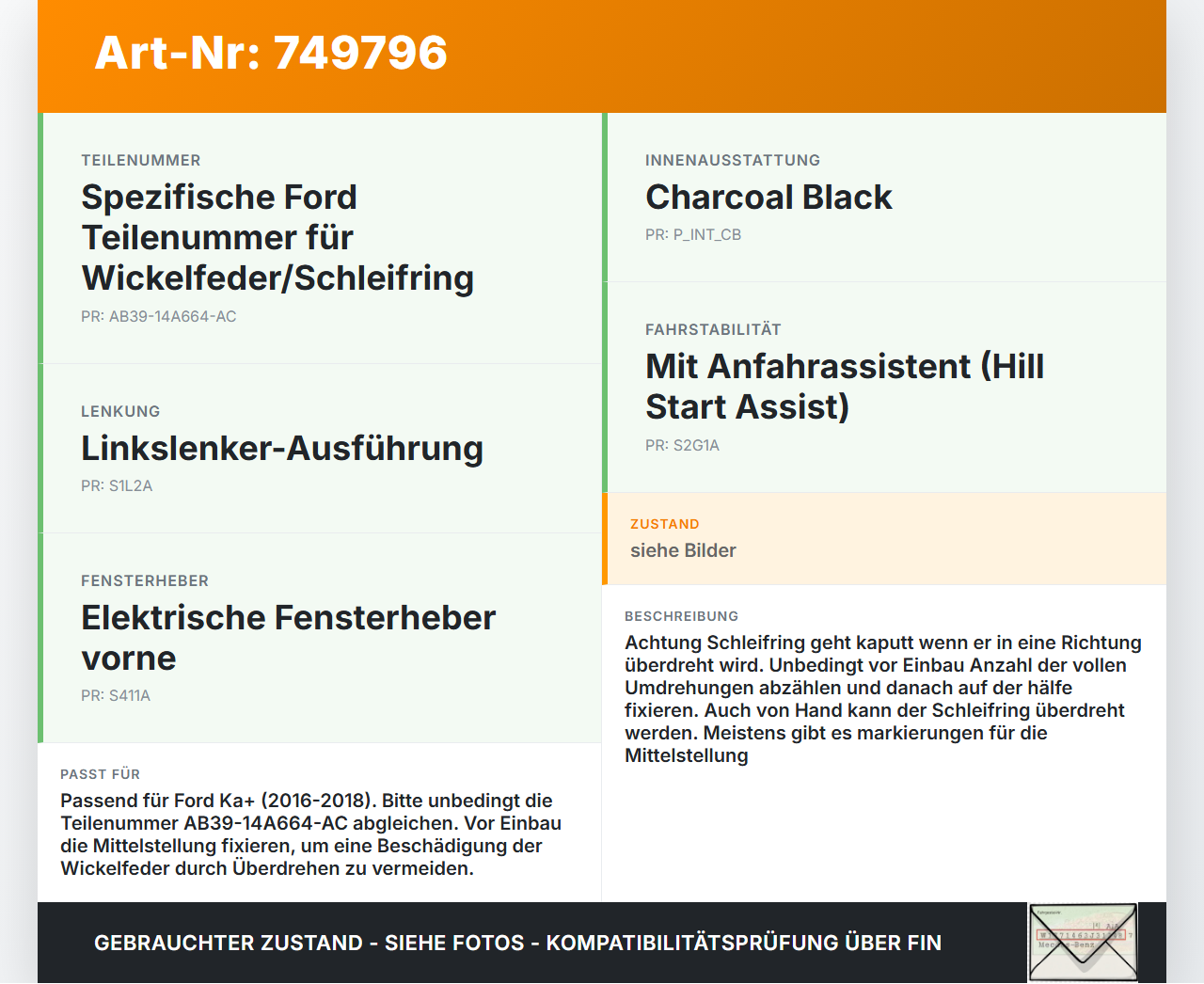 Ford Ka+ 16-18 Airbag Schleifring Wickelfeder Ford Ka+ 16-18 20.10.2016 AB39-14A664-AC gebraucht Vorschau 3