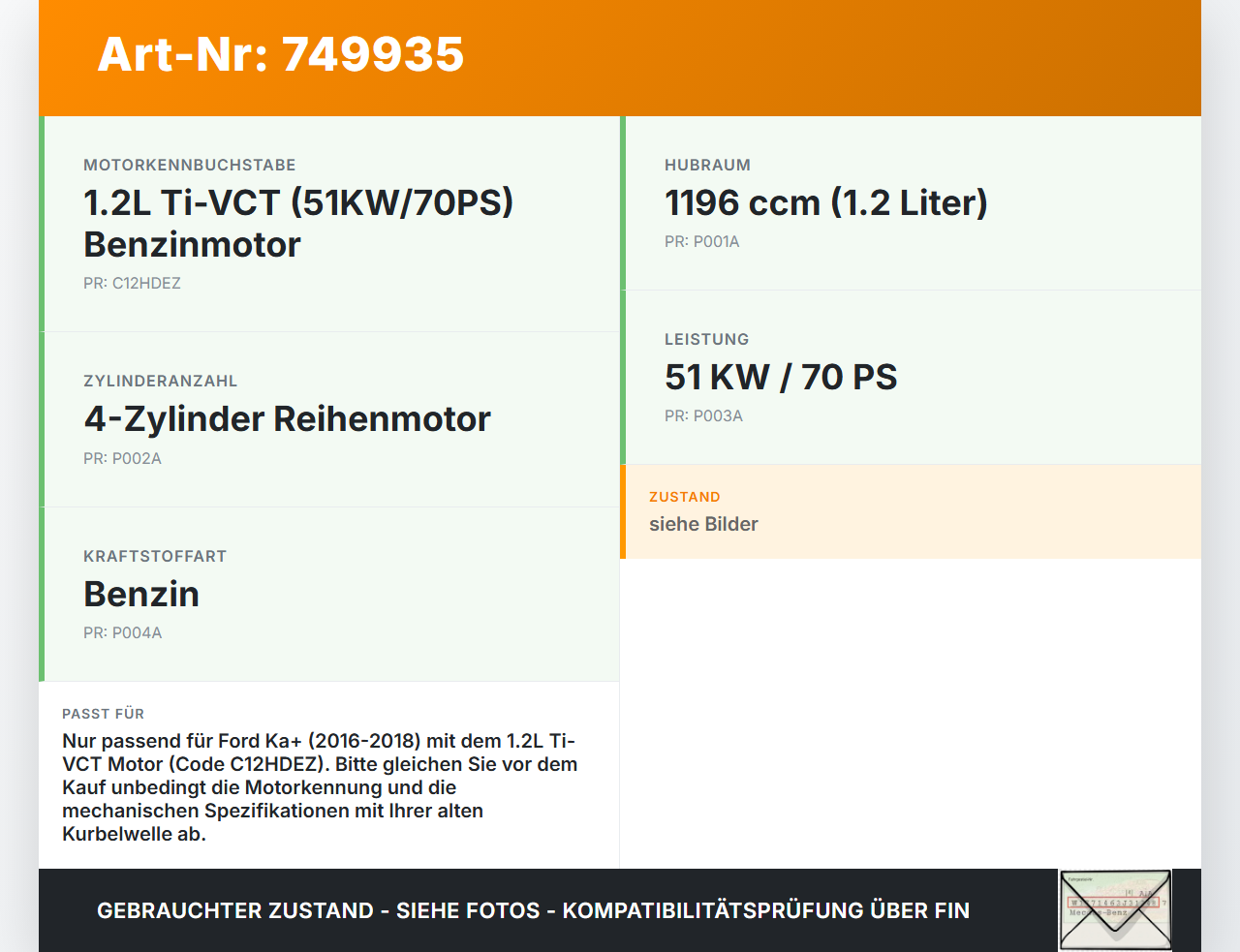 Ford Ka+ 16-18 1,2 51KW C12HDEZ Kurbelwelle Ford Ka+ 16-18 20.10.2016 gebraucht Vorschau 3