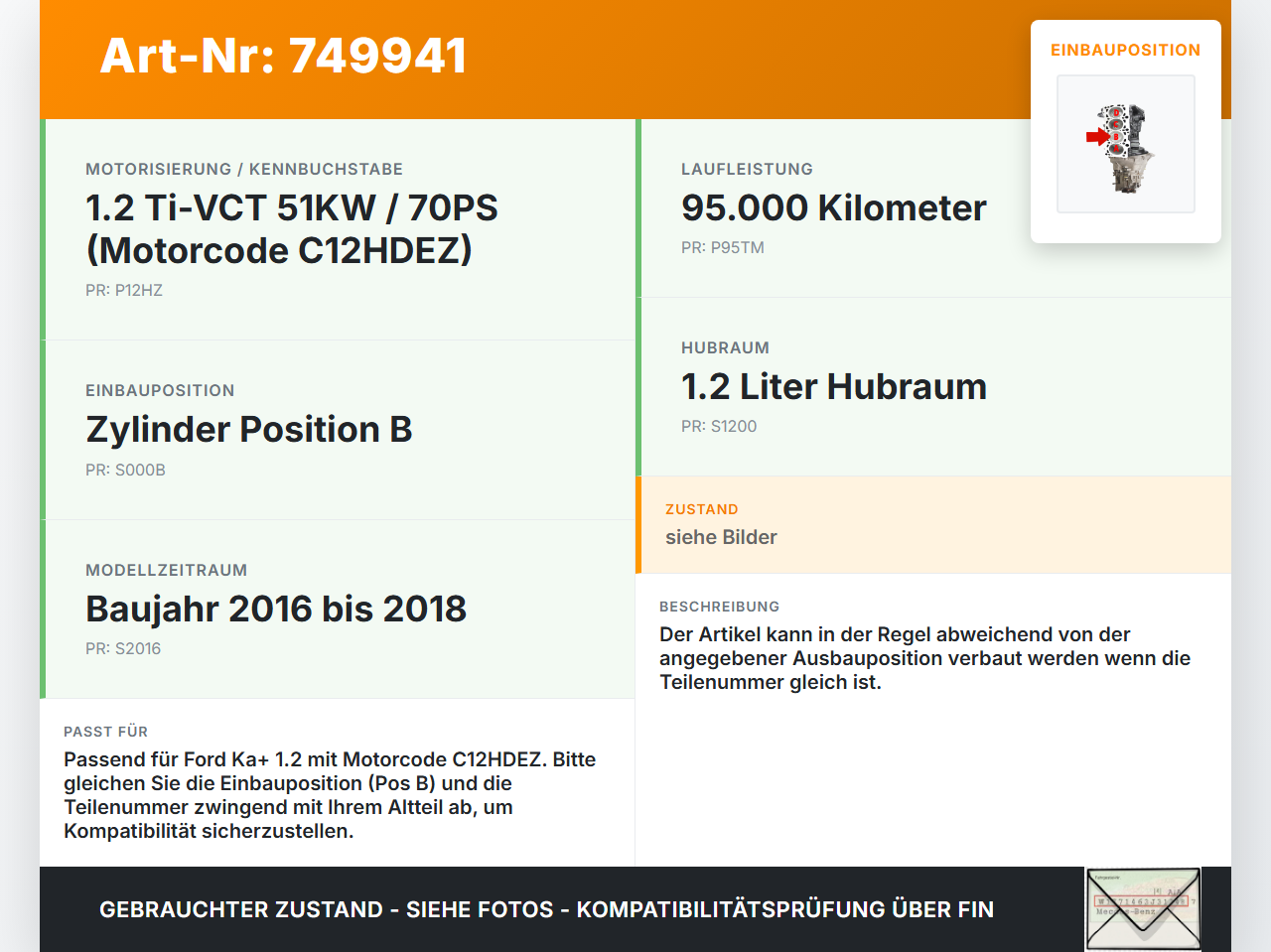 Ford Ka+ 16-18 1,2 51KW C12HDEZ Kolben mit Pleuel Pos B Ford Ka+ 16-18 20.10.2016 gebraucht Vorschau 3