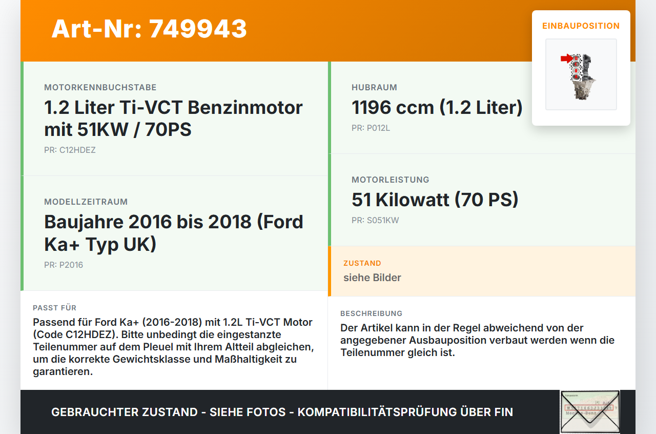 Ford Ka+ 16-18 1,2 51KW C12HDEZ Kolben mit Pleuel Pos D Ford Ka+ 16-18 20.10.2016 gebraucht Vorschau 3