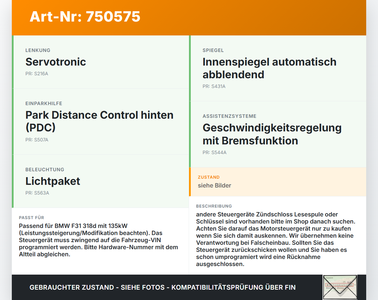 BMW F31 318D 11-15 2,0d 135KWKW Steuergerät ECU für Motor Motorsteuergerät BMW F31 318D 11-15 22.01.2013 8573258... Vorschau 3