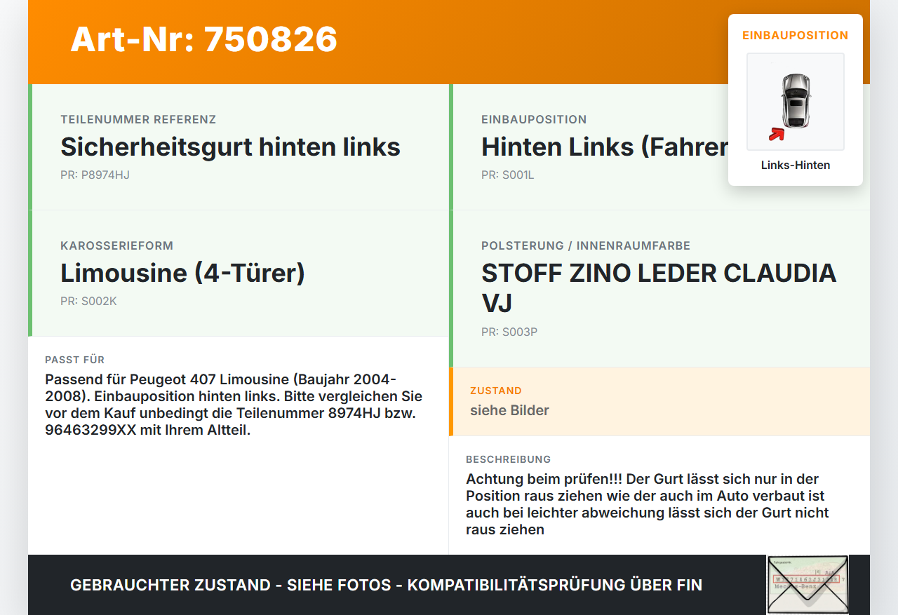 Peugeot 407 6E 04-08 Lim Gurt Sicherheitsgurt Links Hinten Peugeot 407 6E 04-08 02.03.2006 96463299XX gebraucht Vorschau 3