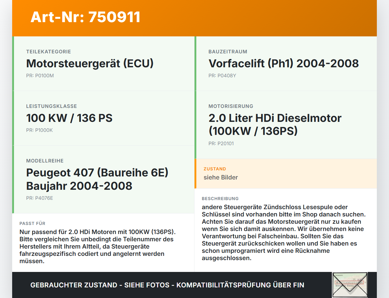 Peugeot 407 6E 04-08 HDi 2,0 100KW Motor Steuergerät ECU Motorsteuergerät Peugeot 407 6E 04-08 02.03.2006... Vorschau 3
