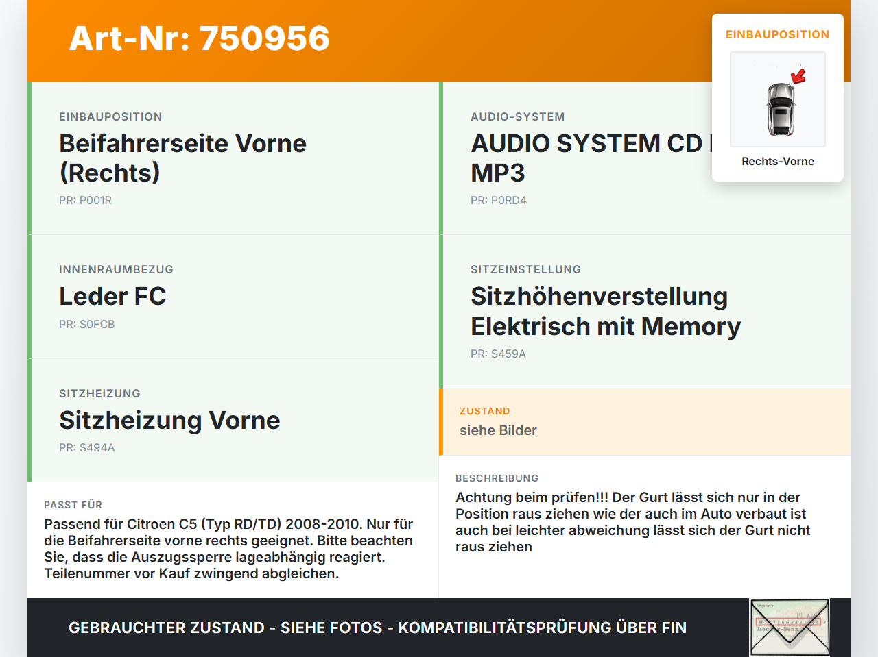 Citroen C5 RD TD 08-10 Lim Gurt Sicherheitsgurt Gurtstraffer Beifahrer Rechts Vorne Citroen C5 RD TD 08-10... Vorschau 3
