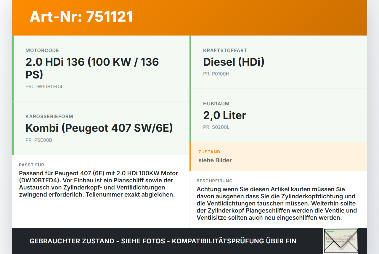 Peugeot 407 6E 04-08 HDi 2,0 100KW DW10BTED4 Zylinderkopf Peugeot 407 6E 04-08 02.03.2006 gebraucht Vorschau 3