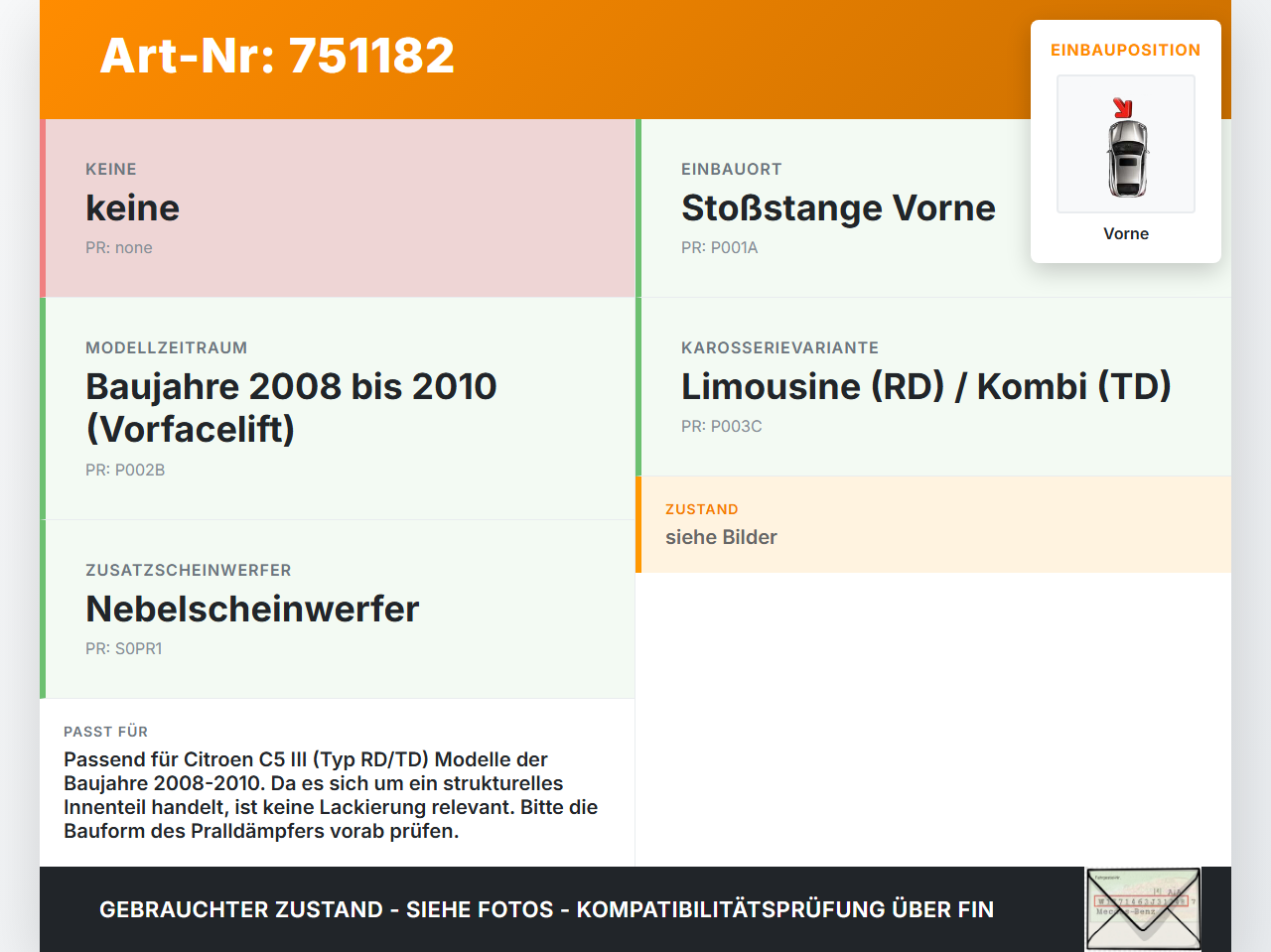 Citroen C5 RD TD 08-10 Träger Pralldämpfer für Stoßstange Vorne Citroen C5 RD TD 08-10 08.08.2008 gebraucht Vorschau 3