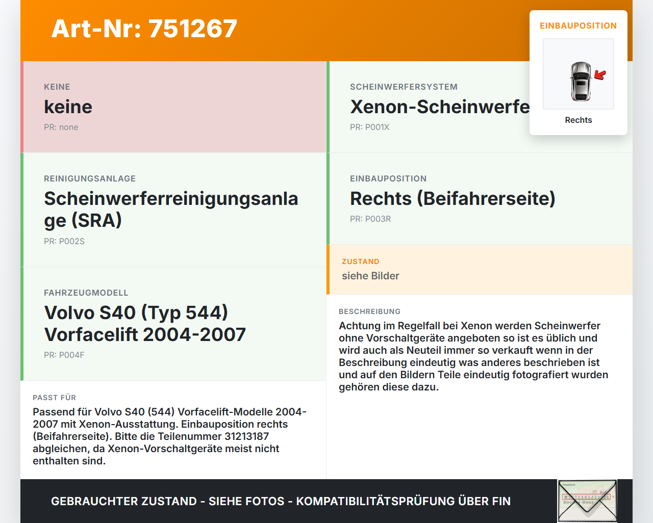 Volvo S40 544 04-07 Xenon Scheinwerfer Frontscheinwerfer Rechts orig. Volvo S40 544 04-07 02.01.2007 31213187... Vorschau 3