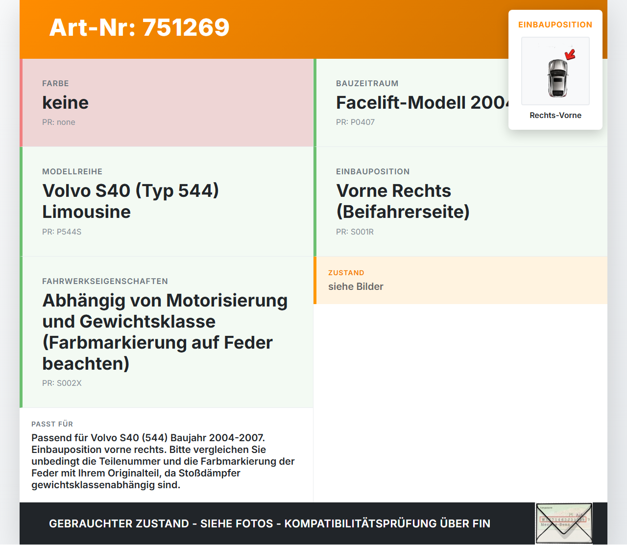 Volvo S40 544 04-07 Lim Stossdämpfer Federbein Vorne Rechts Volvo S40 544 04-07 02.01.2007 gebraucht Vorschau 3