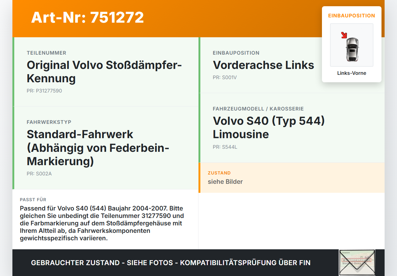 Volvo S40 544 04-07 Lim Stossdämpfer Federbein Vorne Links Volvo S40 544 04-07 02.01.2007 31277590 3M51-18K001-EBN... Vorschau 3