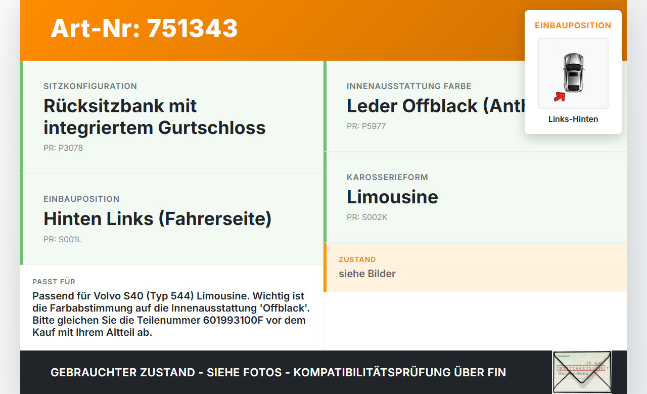 Volvo S40 544 04-07 Lim Gurtschloss Links Hinten Volvo S40 544 04-07 02.01.2007 601993100F gebraucht Vorschau 3