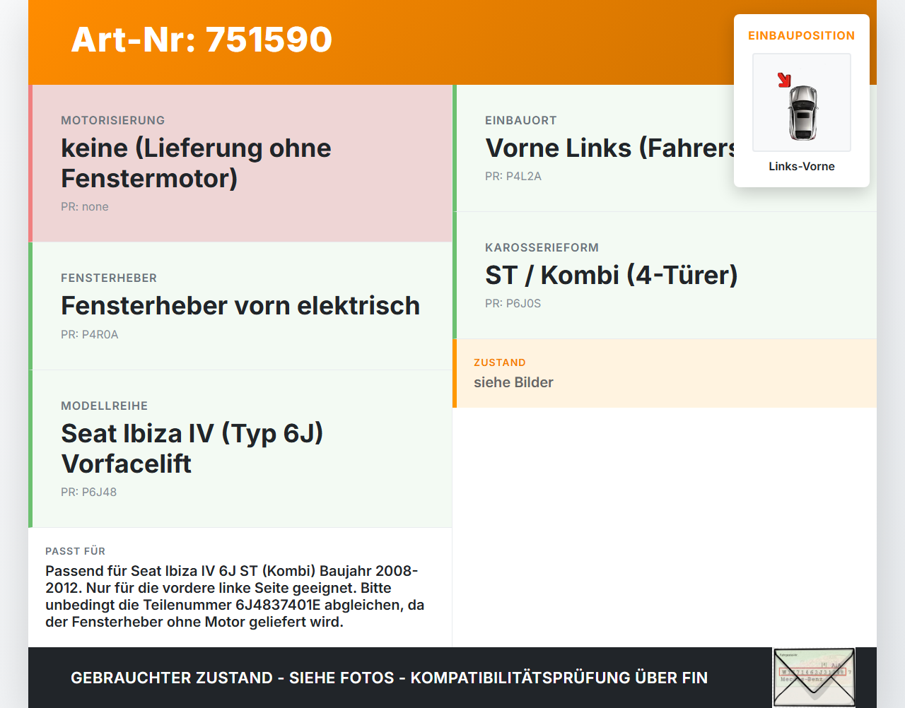Seat Ibiza IV 6J ST 08-12 Kombi Fensterheber o. FH-Motor Links Vorne Seat Ibiza IV 6J ST 08-12 03.06.2011... Vorschau 3