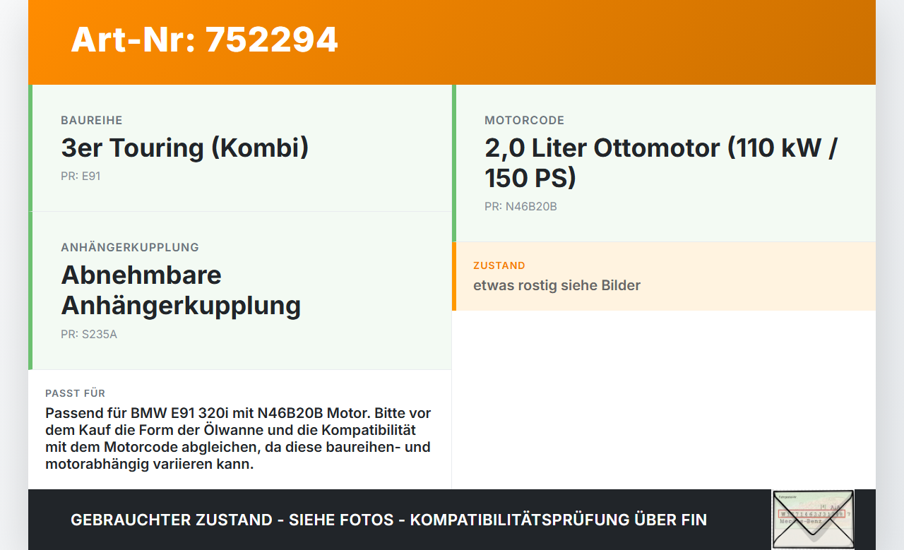 BMW E91 3er 320i 06-08 2,0 110KW N46B20B Ölwanne Motorwanne BMW E91 3er 320i 06-08 06.12.2006 gebraucht Vorschau 3