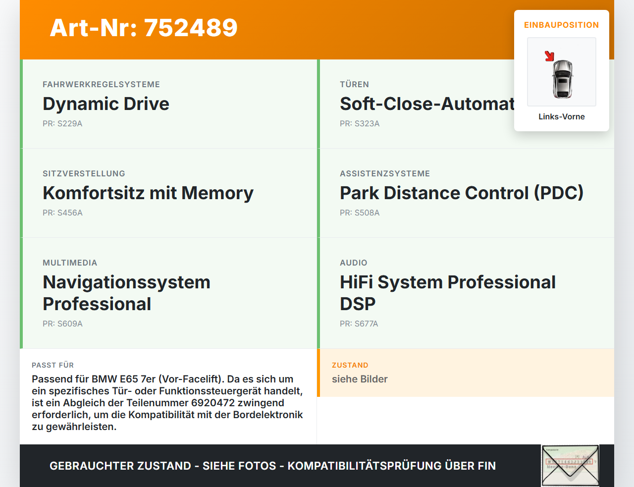 BMW E65 7er 01-05 BMW E65 735I BJ03 Airbag SG Steuergerät Links Vorne Pos.2 BMW E65 7er 01-05 22.11.2001... Vorschau 3
