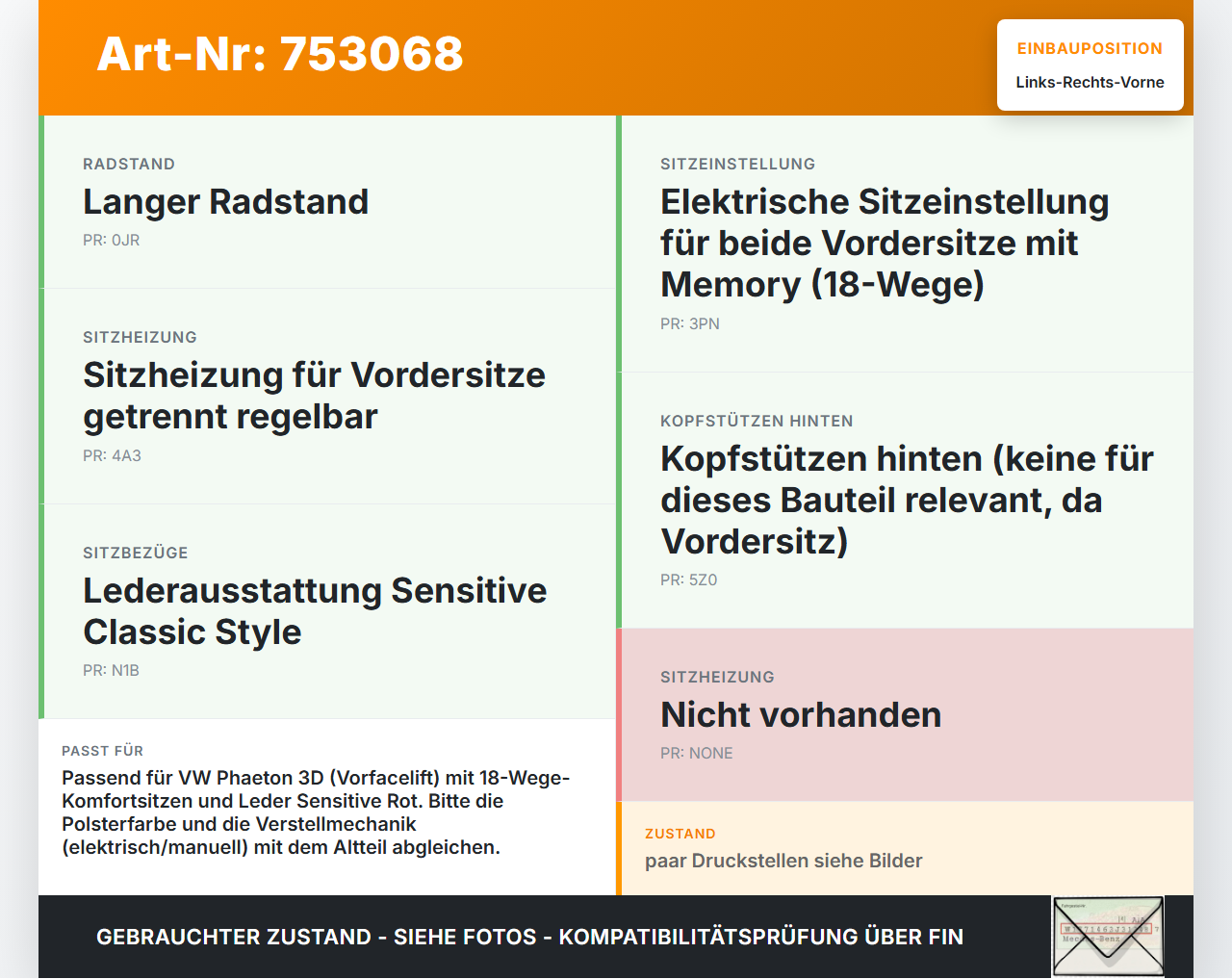 VW Phaeton 3D 01-07 Lang Leder Kopfstütze für Beifahrer Sitz Rechts oder Links Vorne VW Phaeton 3D 01-07 23.06.2004... Vorschau 3