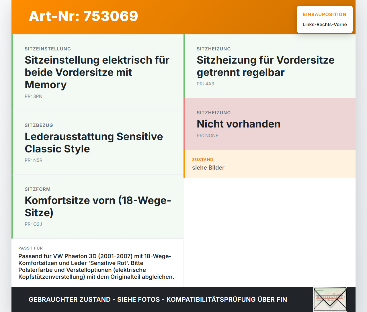 VW Phaeton 3D 01-07 Leder Kopfstütze für Fahrer Sitz Rechts oder Links Vorne VW Phaeton 3D 01-07 23.06.2004 gebraucht Vorschau 3