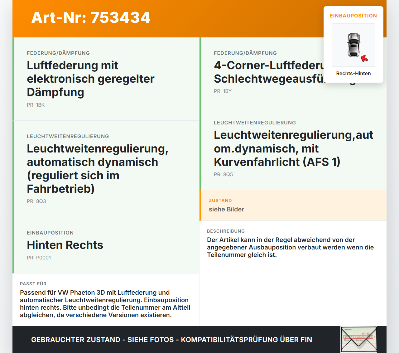 VW Phaeton 3D 01-07 Sensor Niveausensor Höhenstandssensor Neigung Hinten Rechts VW Phaeton 3D 01-07 23.06.2004... Vorschau 3
