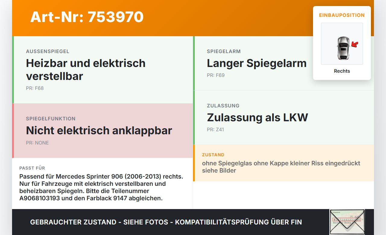Mercedes Sprinter 906 06-13 Spiegelarm für Aussenspiegel Rechts 9147 Mercedes Sprinter 906 06-13 09.07.2013... Vorschau 3