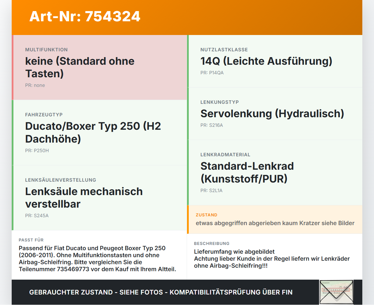 Ducato Boxer III 250 H2 14Q 06-11 Lenkrad Airbaglenkrad Ducato Boxer III 250 H2 14Q 06-11 03.03.2007 30380407... Vorschau 3