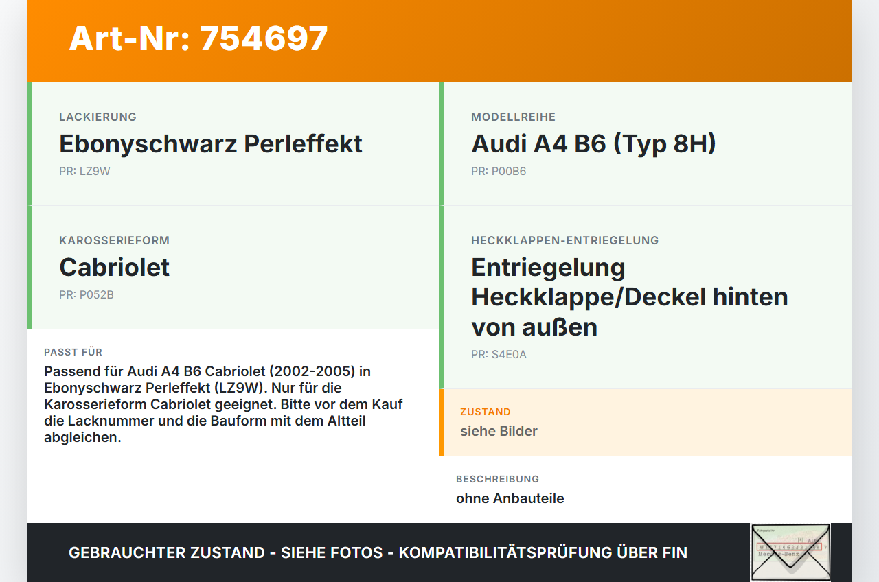 Audi A4 B6 8H 02-05 Cabriolet Heckklappe Kofferraumdeckel LZ9W Audi A4 B6 8H 02-05 23.09.2003 gebraucht Vorschau 3