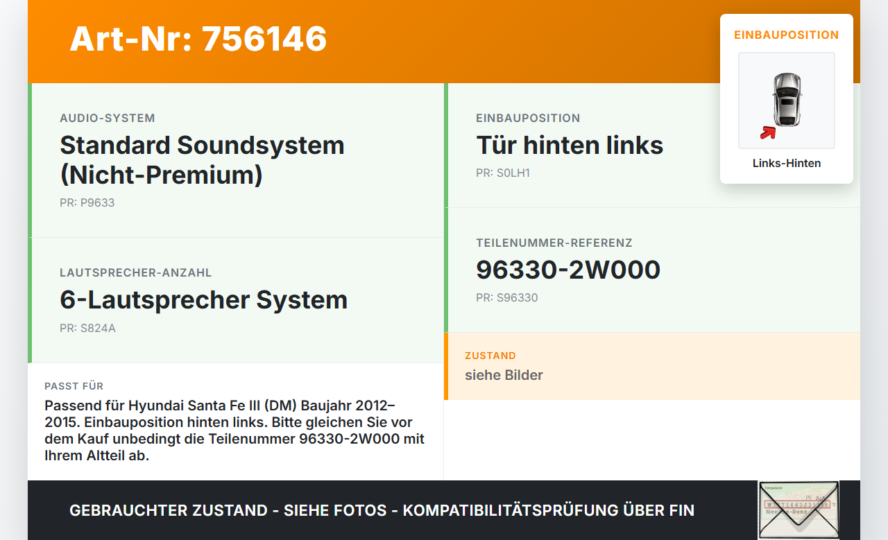 Hyundai Santa Fe III DM 12-15 Lautsprecher Links Hinten Hyundai Santa Fe III DM 12-15 01.02.2015 96330-2W000 gebraucht Vorschau 3