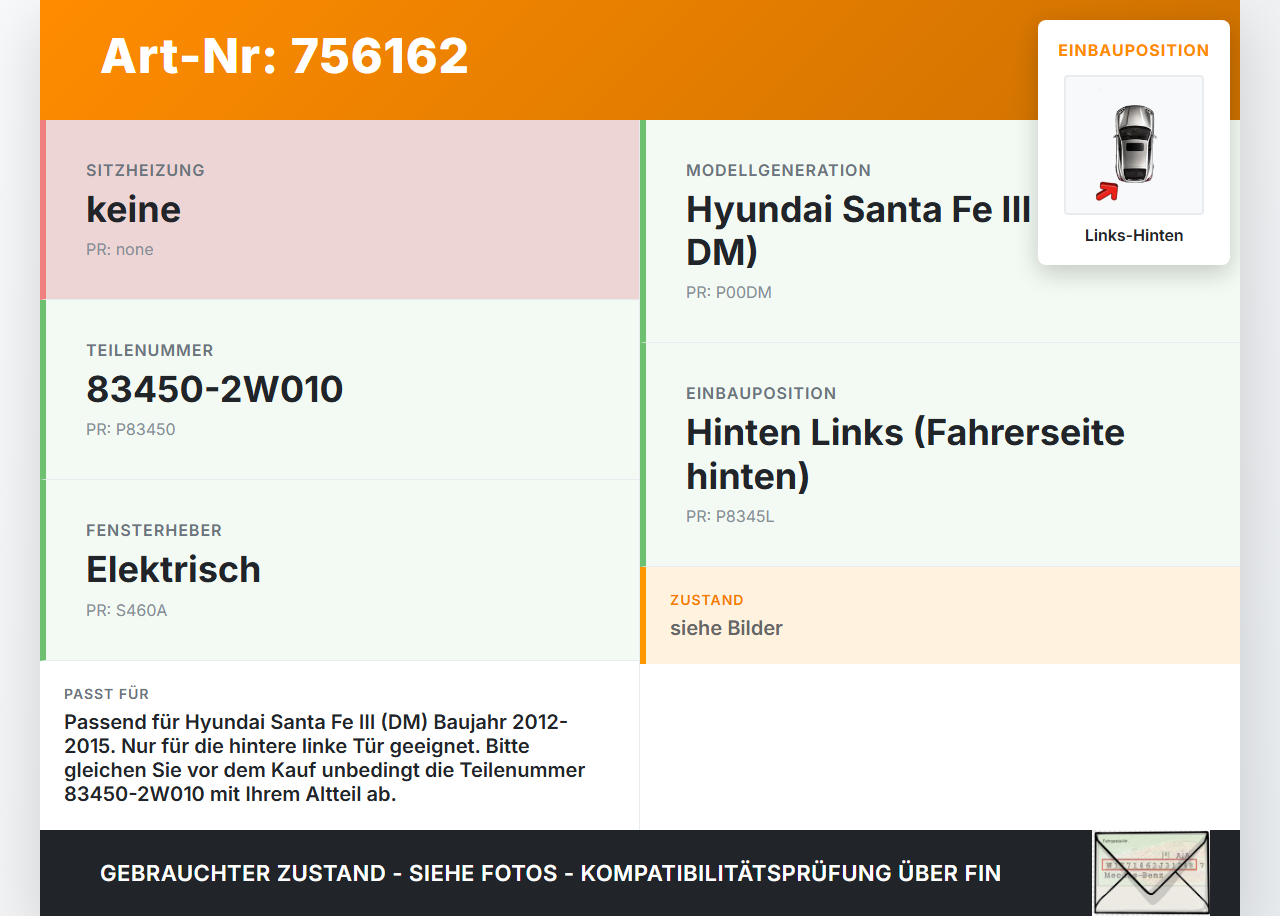 Hyundai Santa Fe III DM 12-15 Fensterhebermotor Links Hinten Hyundai Santa Fe III DM 12-15 01.02.2015 83450-2W010... Vorschau 3
