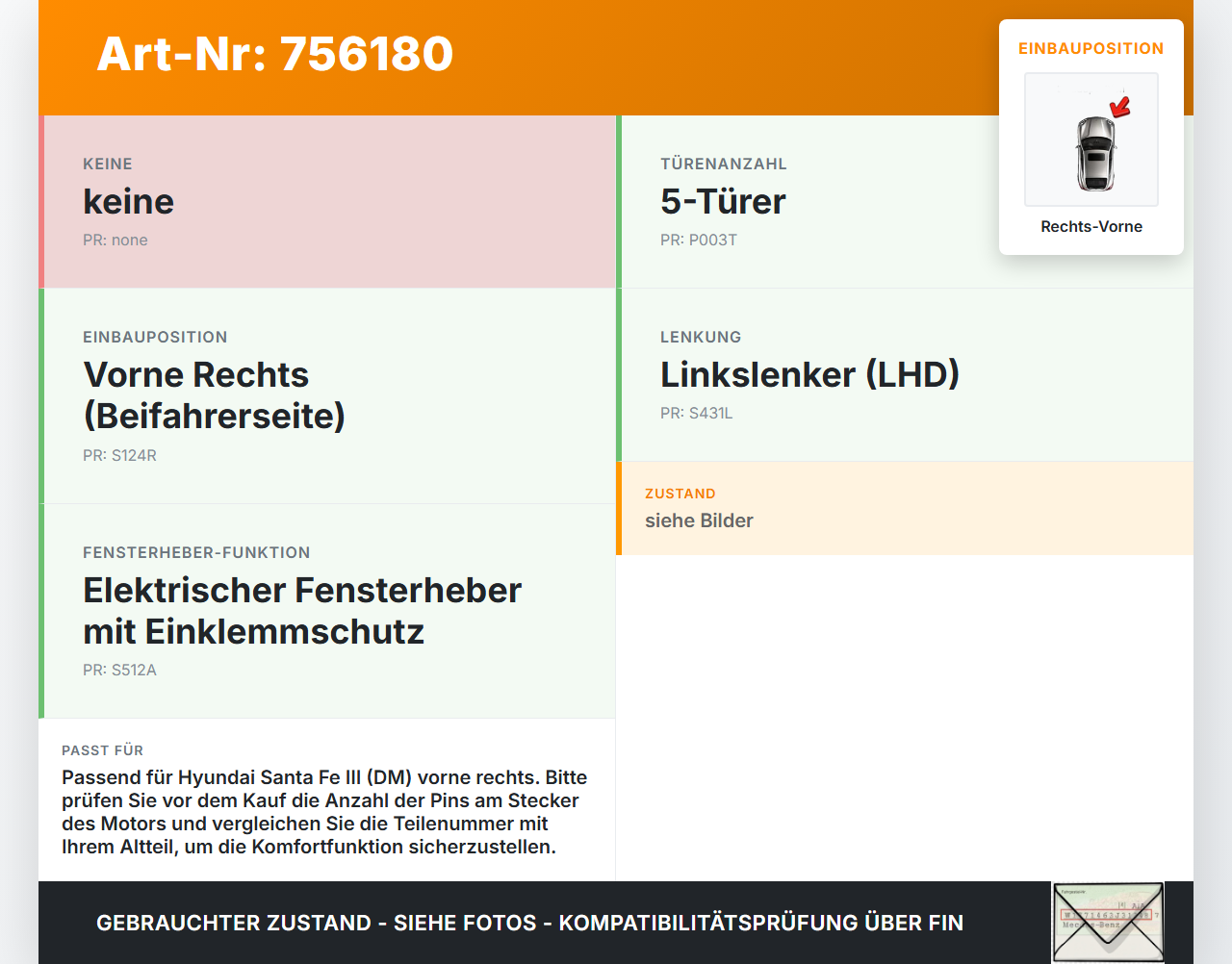Hyundai Santa Fe III DM 12-15 Fensterhebermotor mit Fensterheber Rechts Vorne Hyundai Santa Fe III DM 12-15... Vorschau 3