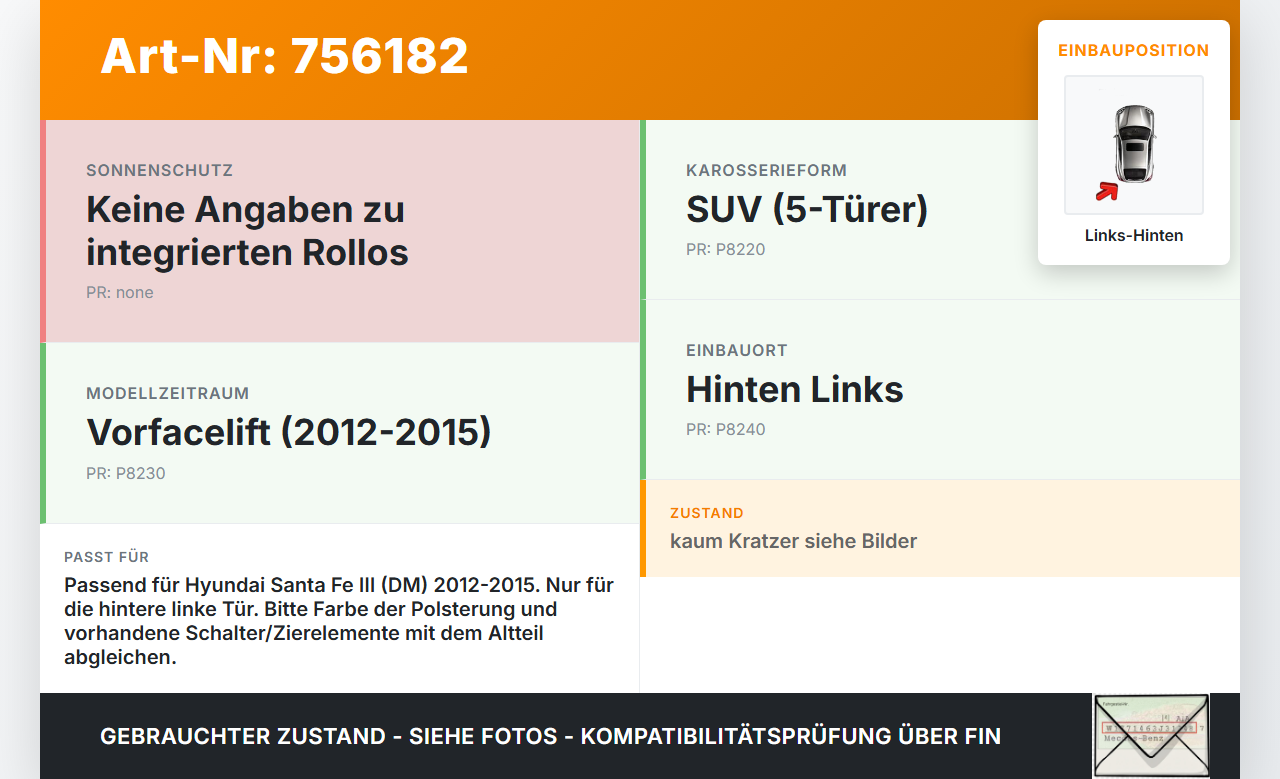 Hyundai Santa Fe III DM 12-15 Türverkleidung Türpappe Links Hinten Hyundai Santa Fe III DM 12-15 01.02.2015 gebraucht Vorschau 3