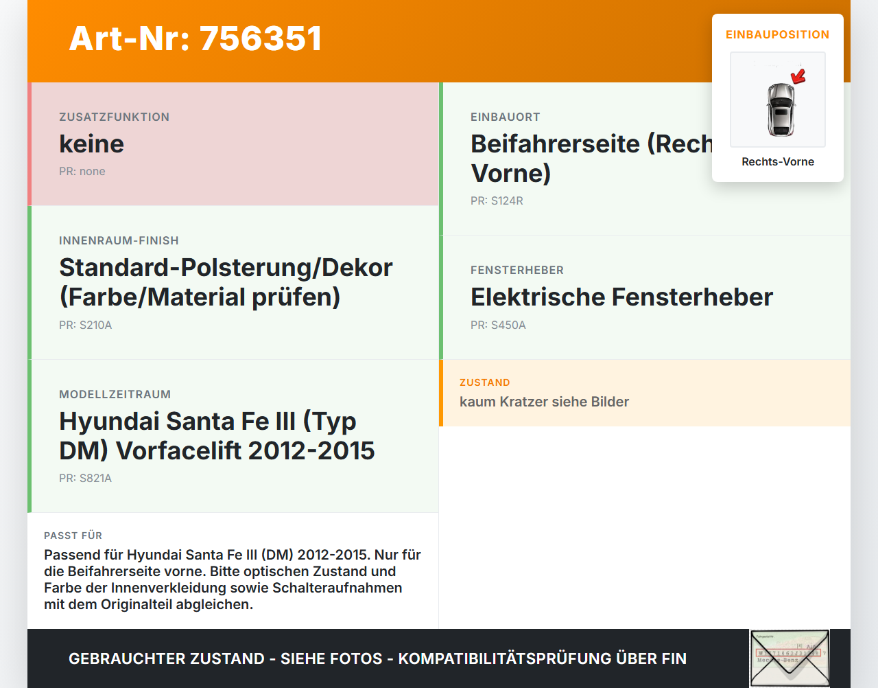 Hyundai Santa Fe III DM 12-15 Türverkleidung Türpappe Rechts Vorne Hyundai Santa Fe III DM 12-15 01.02.2015 gebraucht Vorschau 3