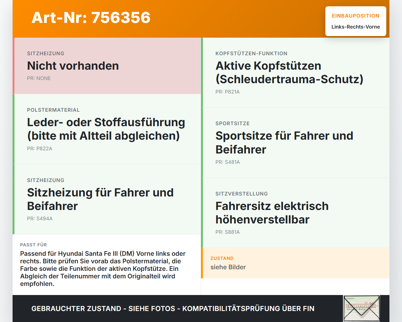 Hyundai Santa Fe III DM 12-15 Kopfstütze für Fahrer Sitz Rechts oder Links Vorne Hyundai Santa Fe III DM 12-15... Vorschau 3