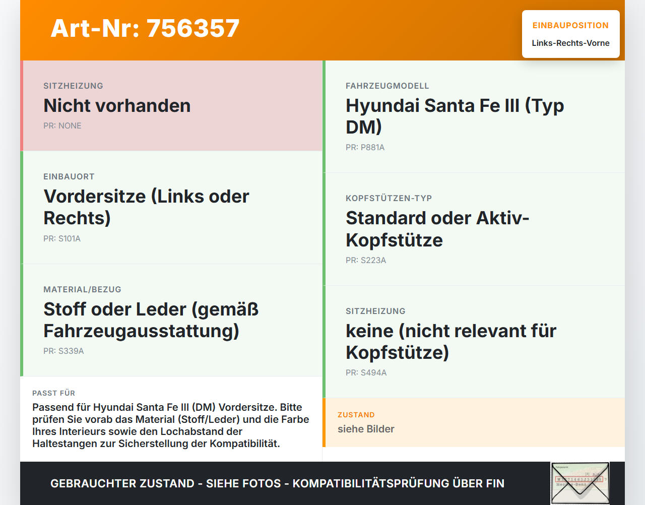 Hyundai Santa Fe III DM 12-15 Kopfstütze für Beifahrer Sitz Rechts oder Links Vorne Hyundai Santa Fe III DM 12-15... Vorschau 3