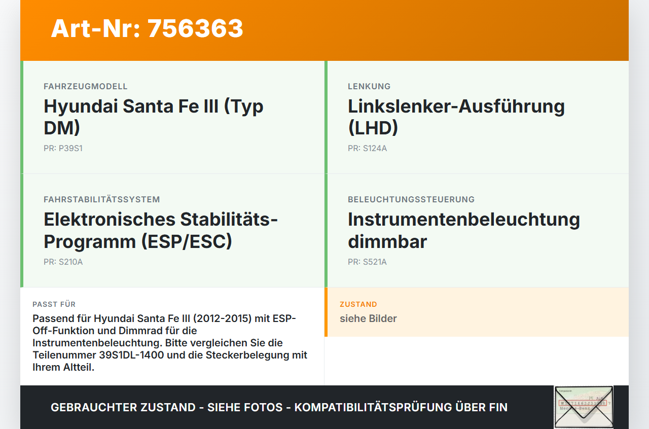 Hyundai Santa Fe III DM 12-15 Schalter Dimmer ESP Off Hyundai Santa Fe III DM 12-15 01.02.2015 39S1DL-1400 gebraucht Vorschau 3