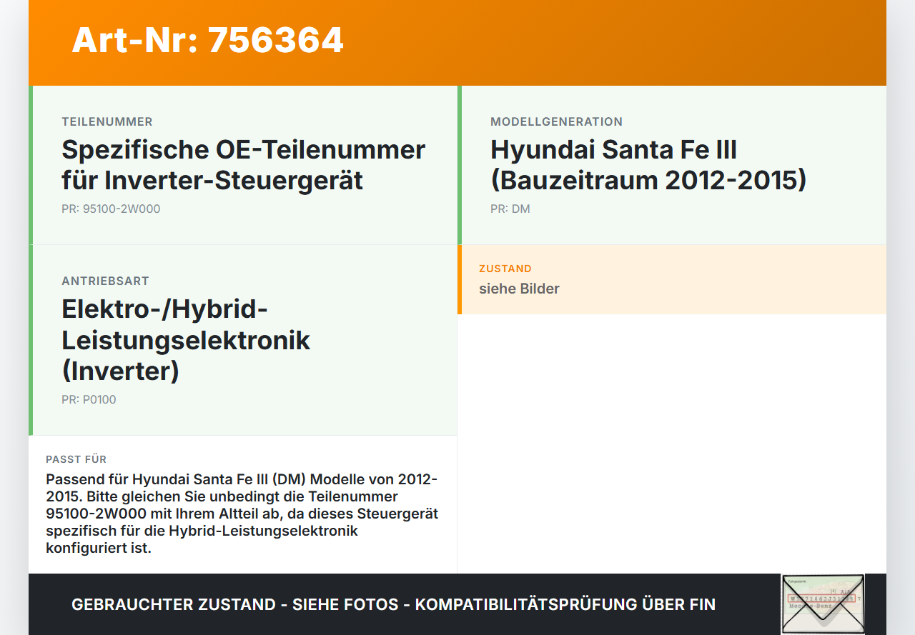 Hyundai Santa Fe III DM 12-15 Steuergerät ECU Modul Inverter Hyundai Santa Fe III DM 12-15 01.02.2015 95100-2W000... Vorschau 3