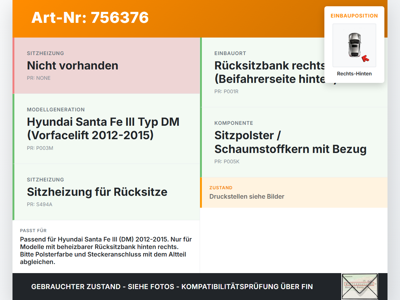 Hyundai Santa Fe III DM 12-15 Sitzpolster Rechts für Rücksitzbank Hinten beheizt Hyundai Santa Fe III DM 12-15... Vorschau 3