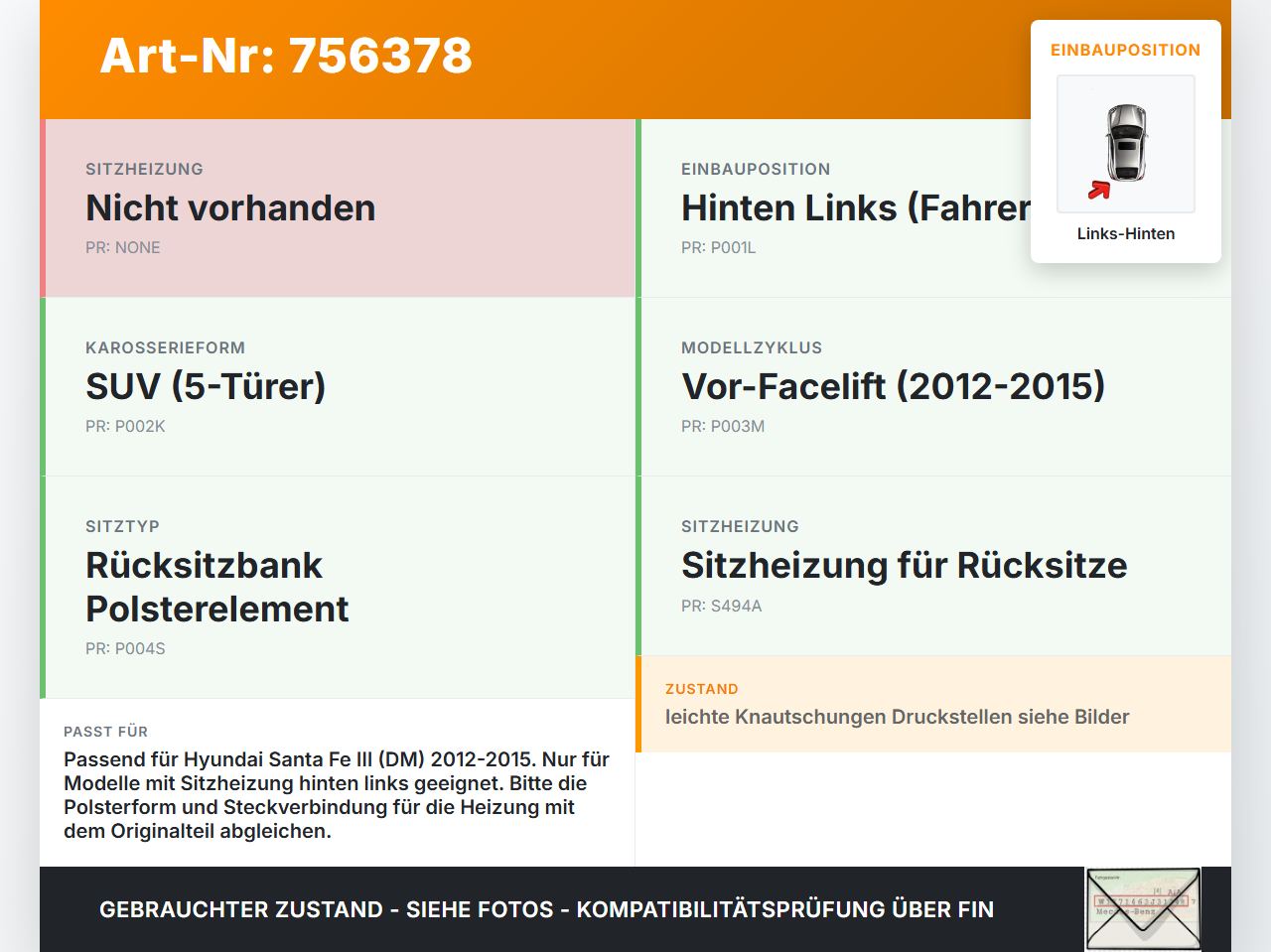Hyundai Santa Fe III DM 12-15 Sitzpolster Links für Rücksitzbank Hinten beheizt Hyundai Santa Fe III DM 12-15... Vorschau 3