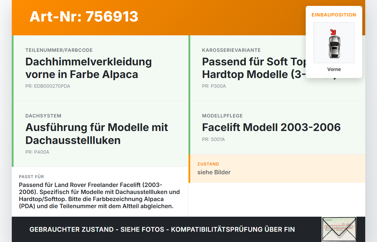 Land Rover Freelander 03-06 Verkleidung für Himmel Dach Vorne Land Rover Freelander 03-06 25.03.2004 EDB000270PDA... Vorschau 3