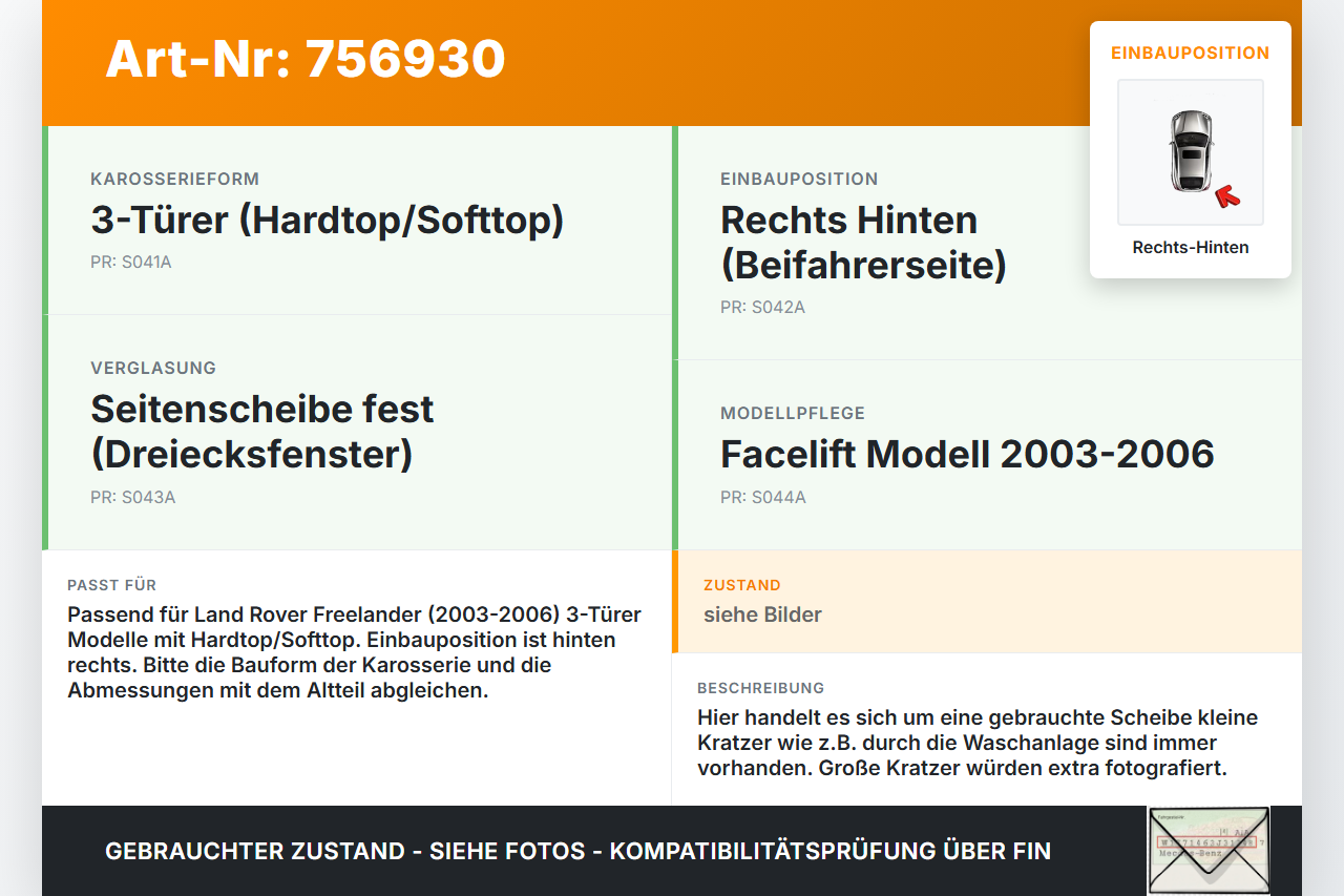 Land Rover Freelander 03-06 RH Dreieck Seitenscheibe Scheibe Rechts Hinten Land Rover Freelander 03-06 25.03.2004... Vorschau 3